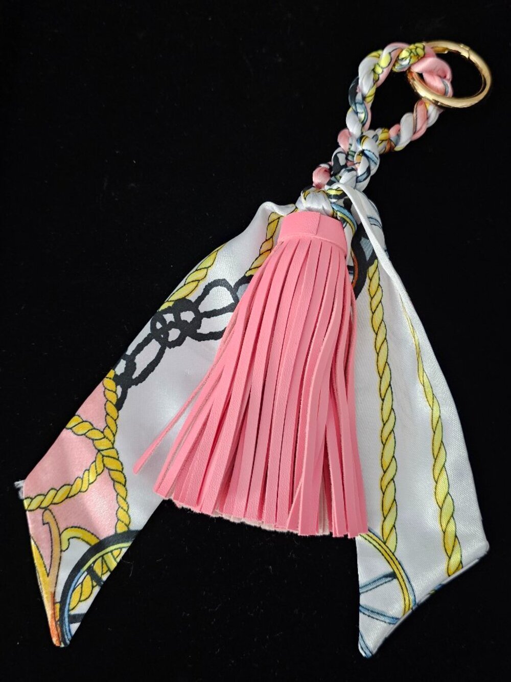 MacRae & Co Scarf Vegan Tassel Fringe Braided Keychain Bag Charm New Pink White